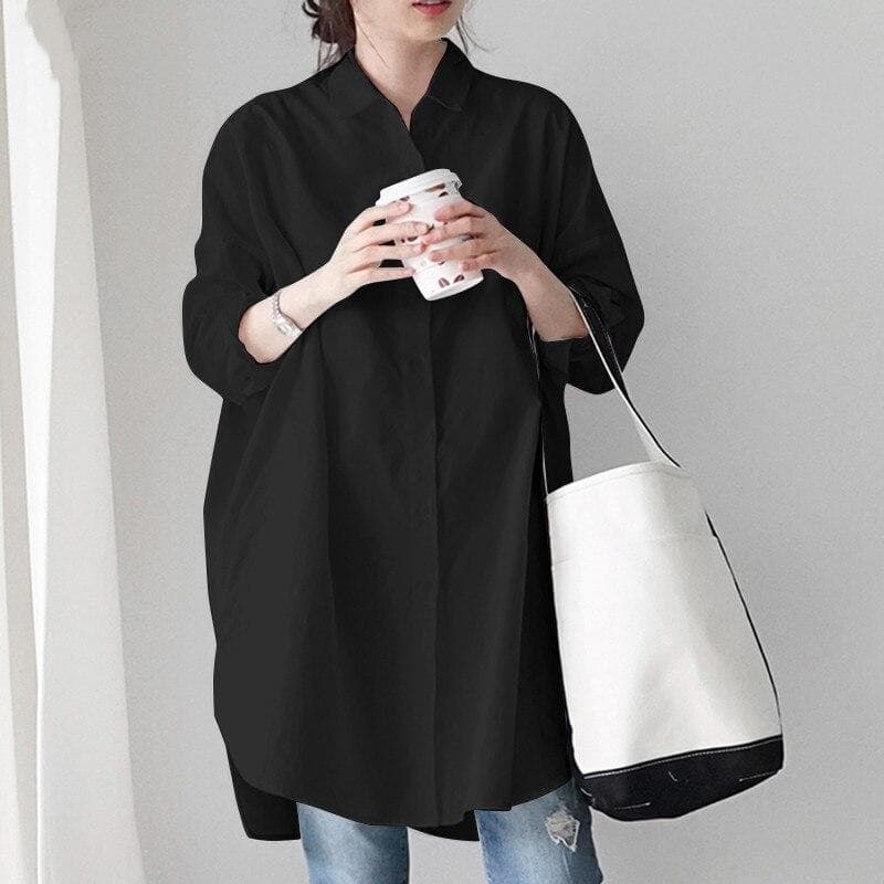 2023 Autumn Spring Long Sleeve Shirt Casual Loose Oversized Long Shirt Women Tops Fashion Irregular Solid White Clothes 24161 XXL black