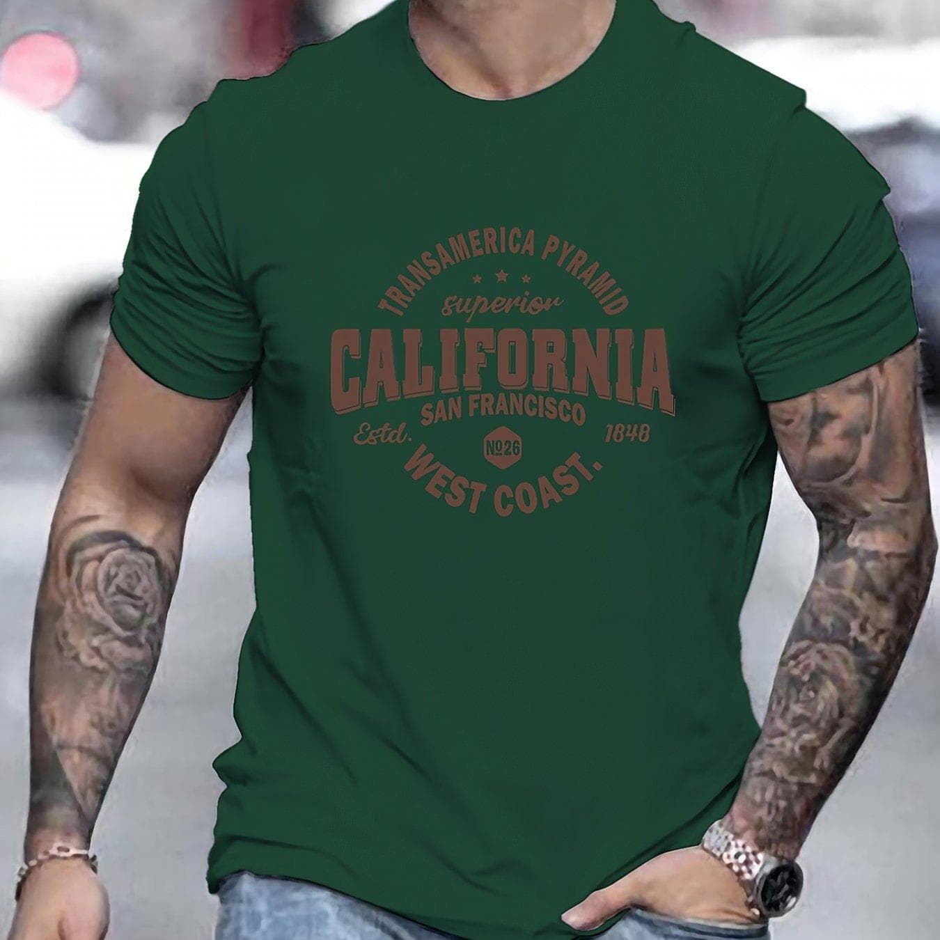 Men's 100% cotton casual sports loose fit California West Coast print round neck short sleeved T-shirt top XL