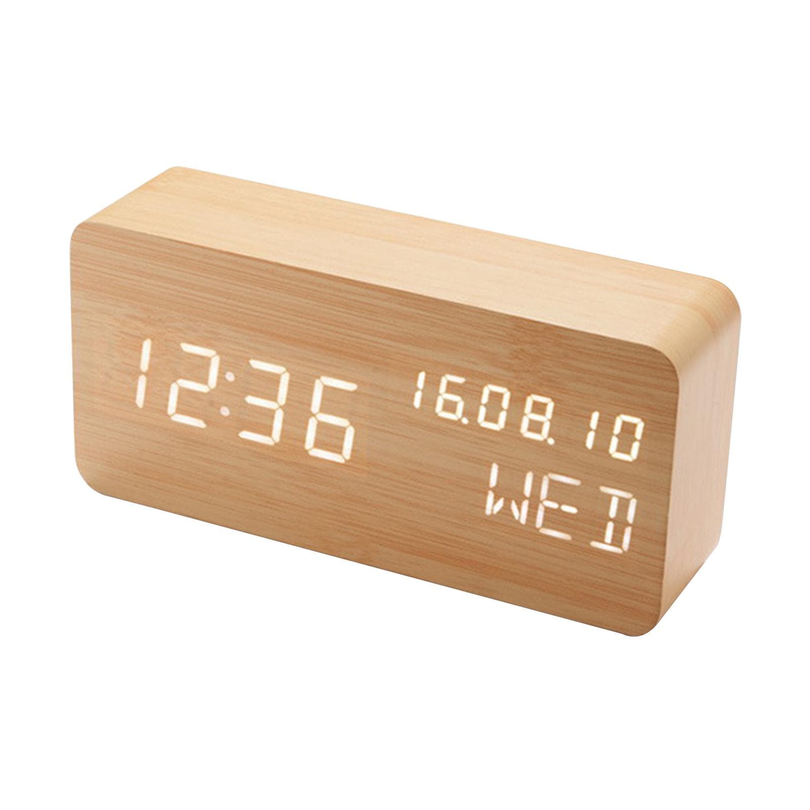 Desk Wooden Alarm Clock with Voice Control Date Temperature Adjustable 3 Brightness Display LED khaki