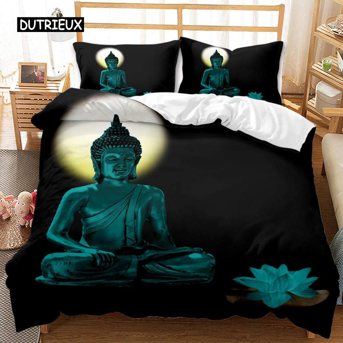 Buddha Duvet Cover Set King Size Golden Mandala Asian Culture Theme Bedding Set Microfiber Exotic Retro Style Comforter Cover 140x200cm 3pcs
