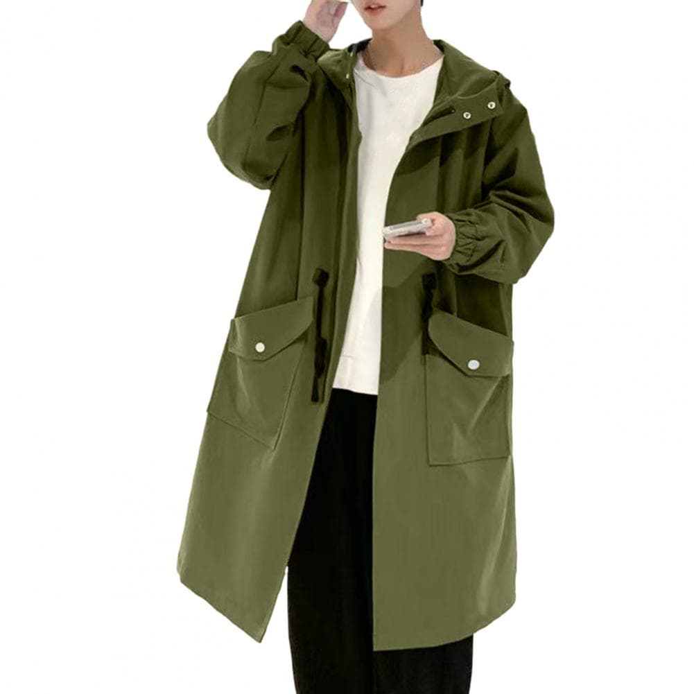 Men Trench Coat Hooded Loose Mid Length Big Pockets Long Sleeve Windproof Solid Color Zipper Closure Anti-wrinkle Elastic Cuff S XL green