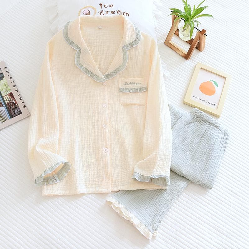 New Spring and Autumn Women's 100% Cotton Crepe Pajamas Long-sleeved Trousers Two-piece Women's Home Wear Set XL