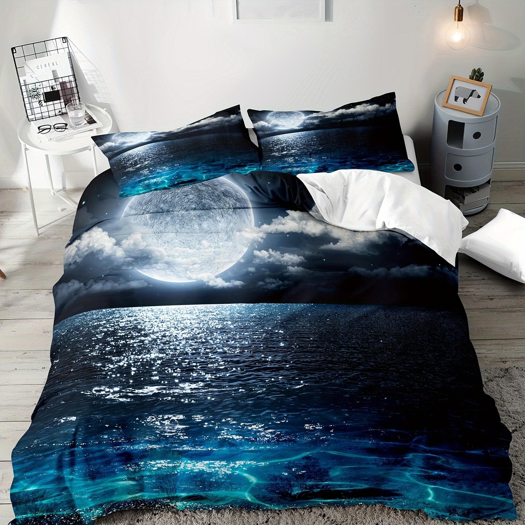 3pcs Polyester Duvet Cover Set 3D Moonlit Landscape Print Bedding Set, Soft Comfortable Duvet Cover Eu Single135x200cm