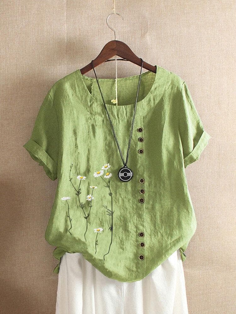 Cotton and Linen Printed T Shirt Tops Women's Summer Loose T Shirt Shirts 3XL green