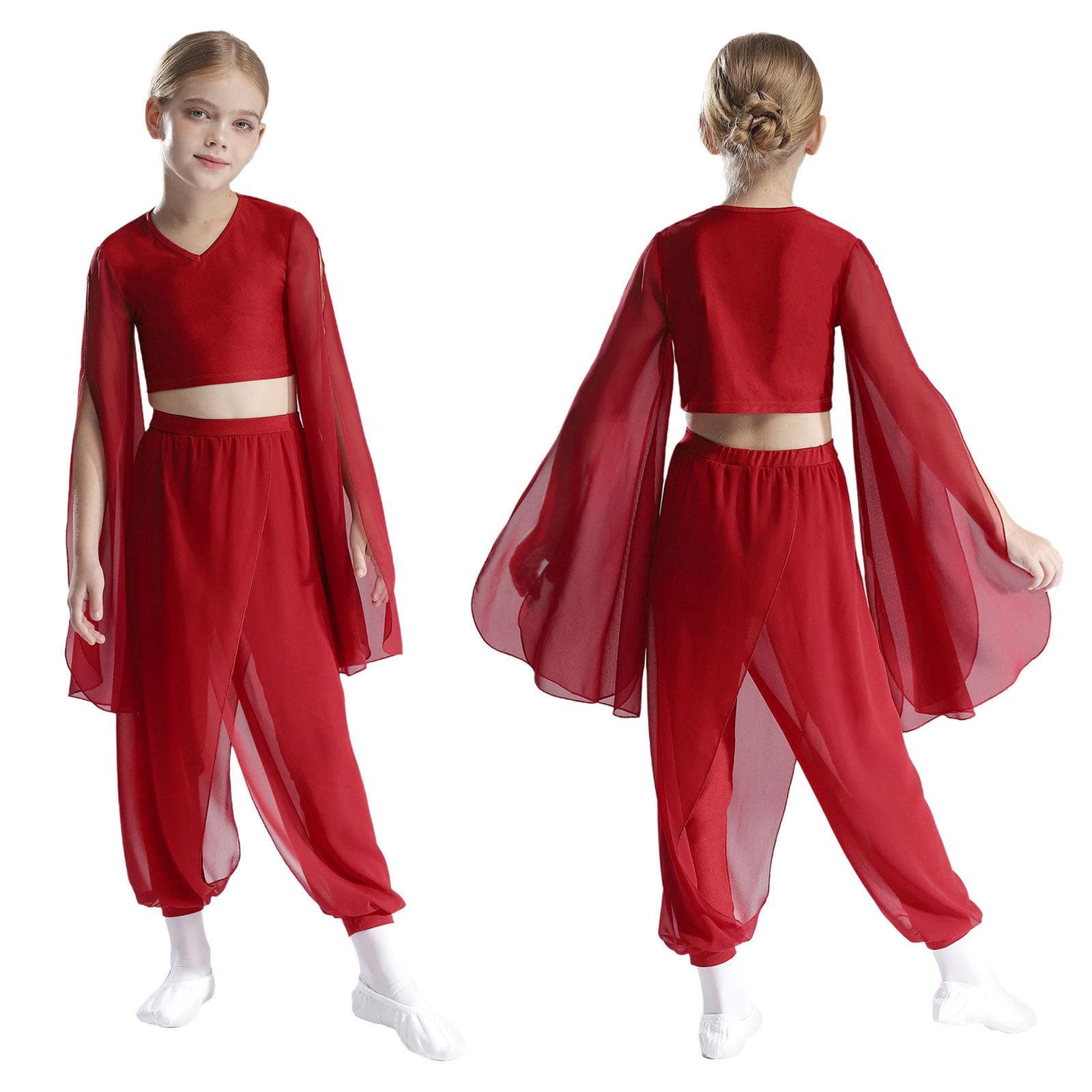 Girls V Neck Crop Top Split Flared Sleeve Dance Outfit with Pants for Classical Performance Practice 15-16 Years burgundy