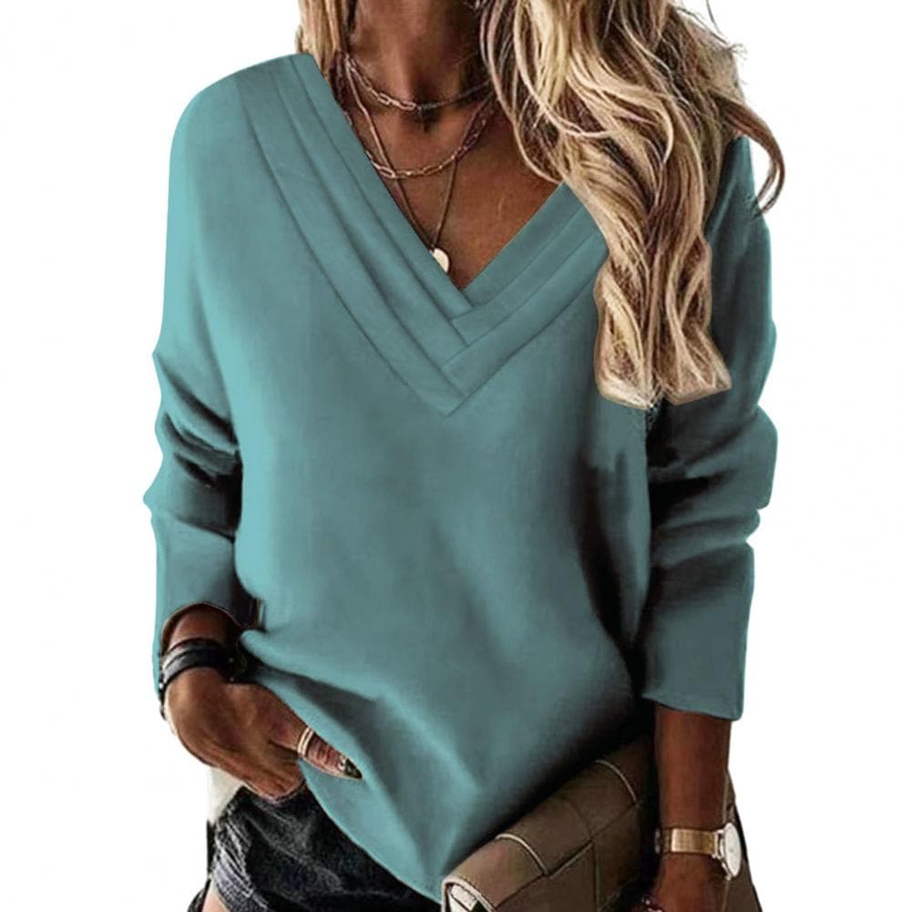 Women Fall Winter Top Multi-layered V Neck Solid Color Thick Warm Long Sleeve Soft Breathable Loose Pullover Casual Lady Blouse S lake blue