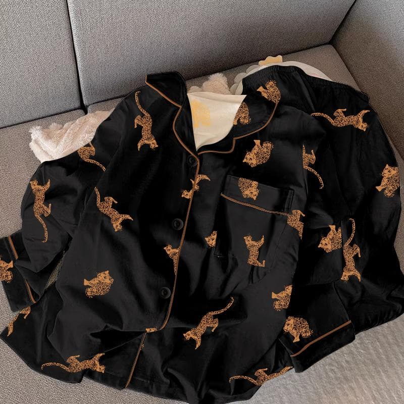 Old Money Style Leopard Print Women's Handsome Pajamas American Retro Trend Homewear New Fall Winter Faux Cotton Nightwear XXL black