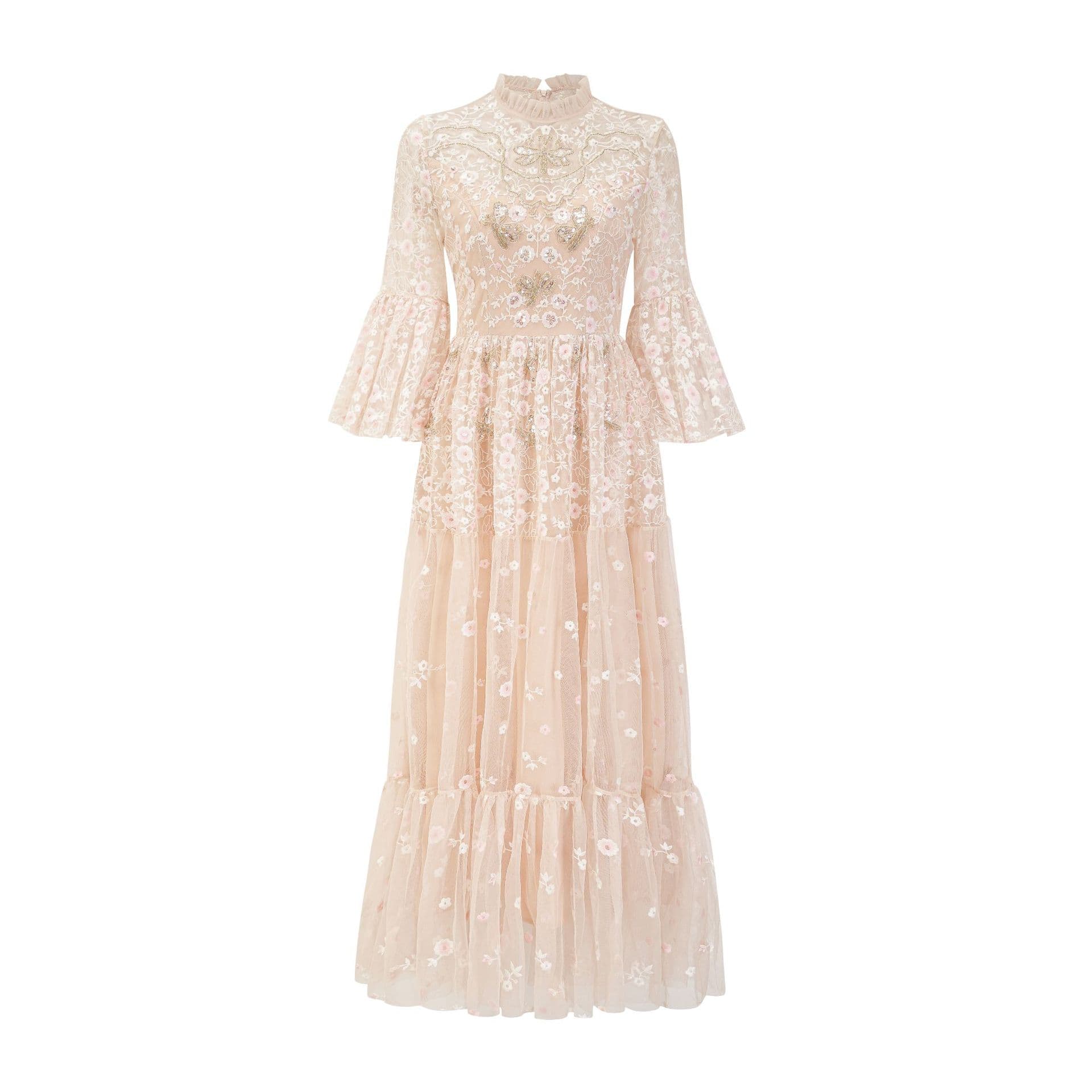 Pink Mesh Embroidery Dress, Horn Sleeves, 7-point Long Skirt, Birthday Party Dress. S pink