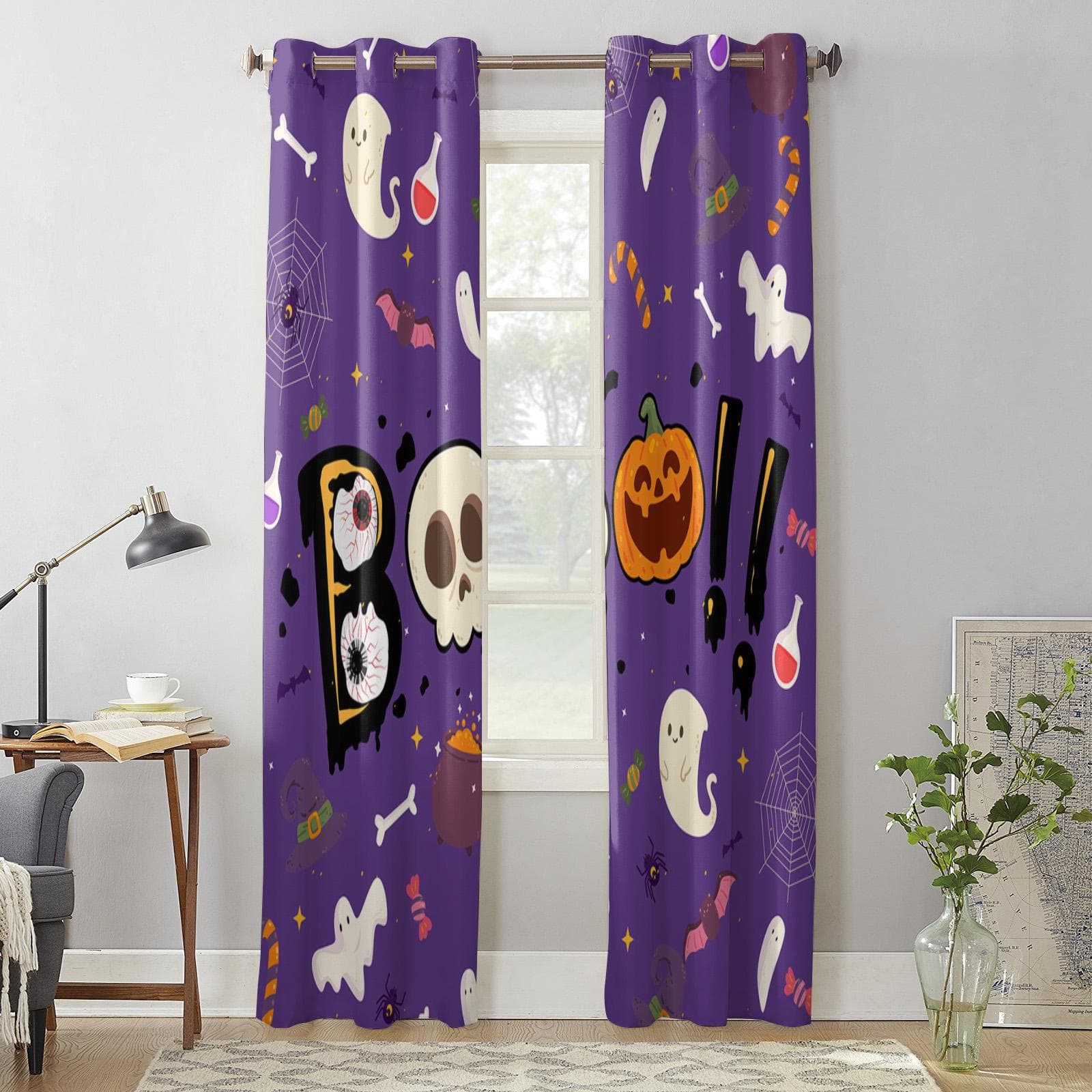 Halloween Pumpkin Ghost Skull Bat Curtains for Bedroom Living Room Window Curtain Treatments Blinds Kitchen Home Decor Drapes 135W x 60H(cm) x1