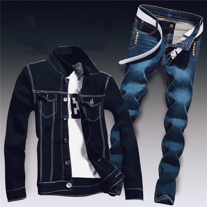 Spring Mens Denim Two Piece Set Hole Ripped Slim Fit Jacket Jeans Sets Male Casual Vintage Ropa Hombre Cargo Suit Streetwear M