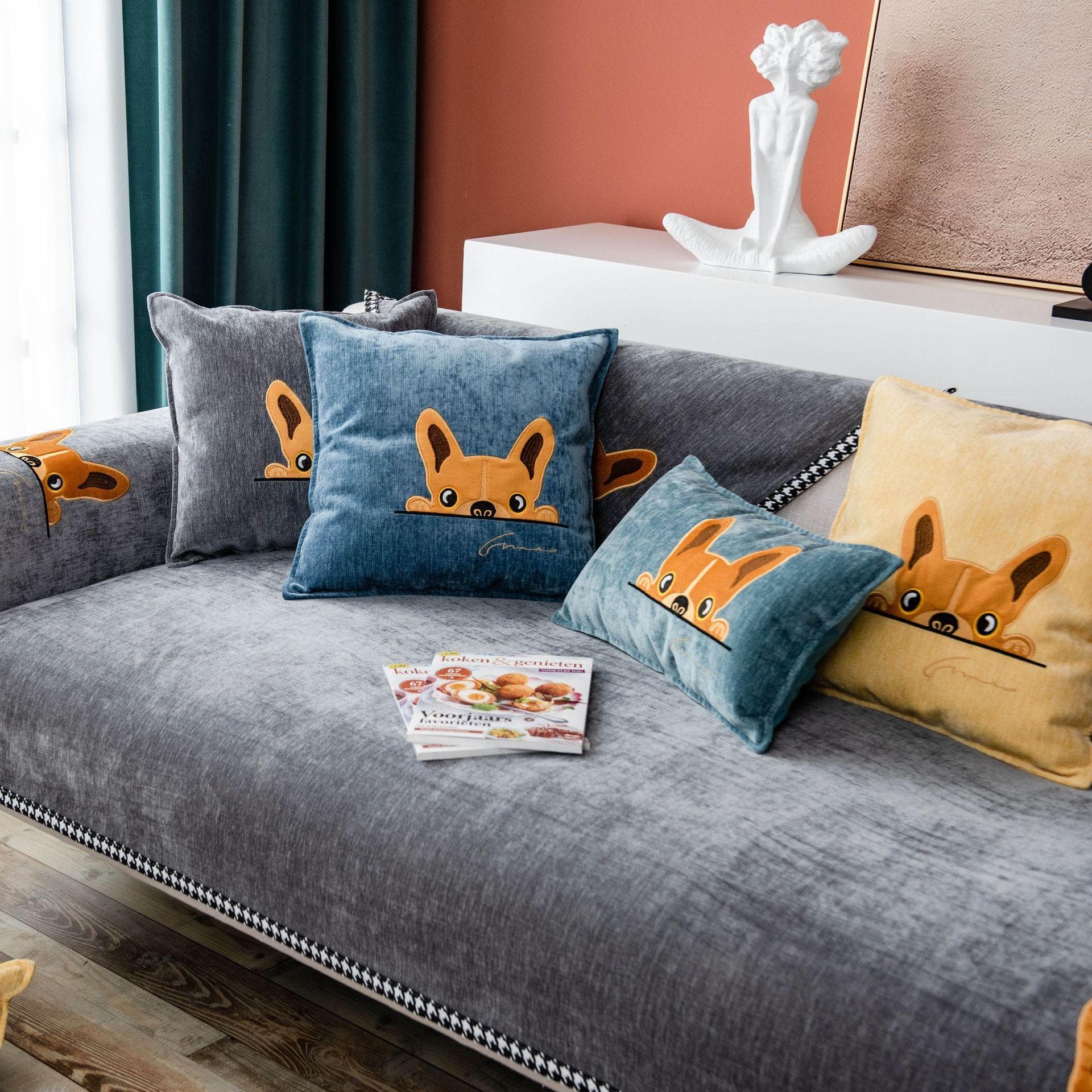 Modern Solid Color Sofa Cover Cartoon Dogs Nordic Chenille Solid Color Sofa Towel Universal Non-slip Couch Cover for Living Room 70x70cm 1pcs