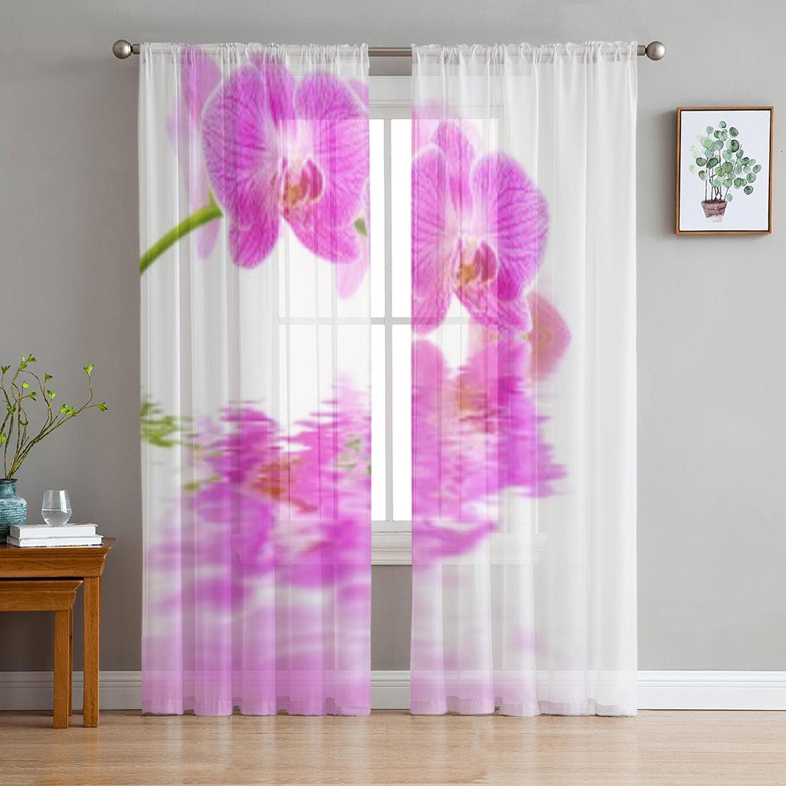 Pink Orchid Flowers White Reflections Wavy Water Chiffon Sheer Curtains for Living Room Bedroom Window Voiles Tulle Curtain 135W x 114H(cm)