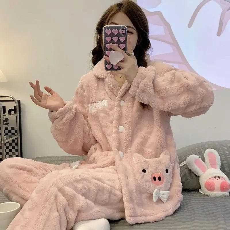Cartoon Cute Girls Autumn and Winter Coral Velvet Thickened Warm Wearable Home Clothes Pajamas Set 2XL