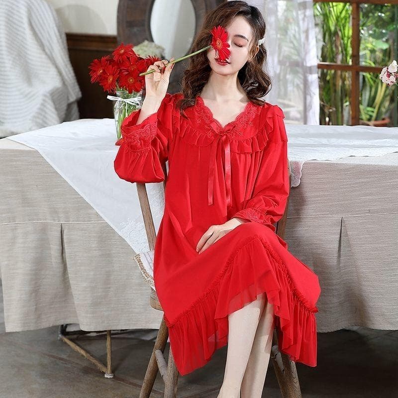 New Big Red Pajama Skirt Women's Autumn Pure Cotton Long Sleeved Nightgowns Spring Girls Thin Cotton Wedding Sleepshirts 3XL