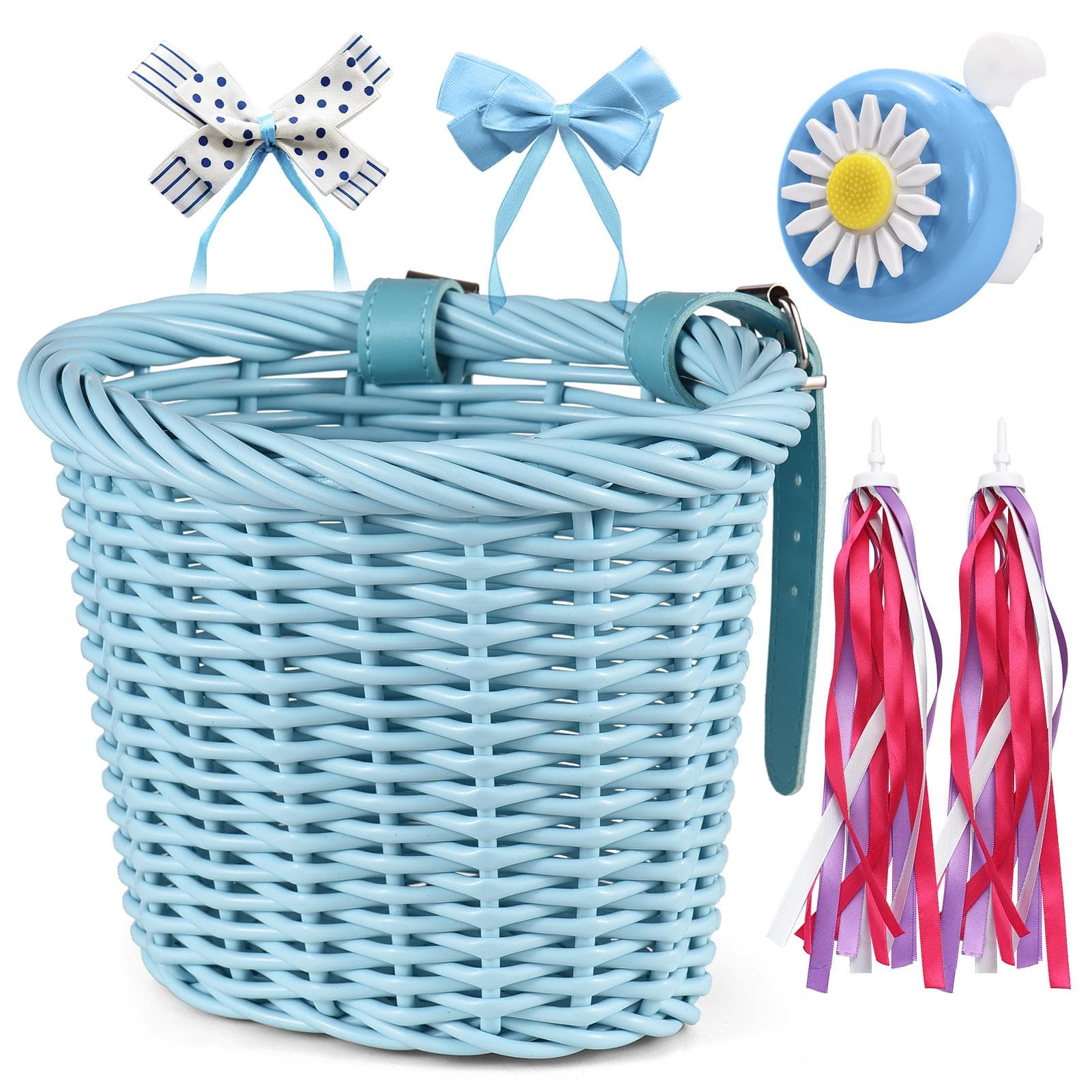 Kid s Bike Basket for Girls Front Bike Accessories with Handlebar Streamers Cycling Ages 3-13 light blue