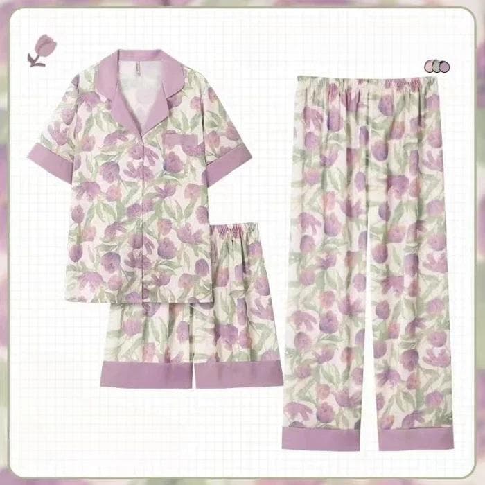 Women's Floral Pajamas Three-piece Set Women's Summer Women's Pajamas Set Home Wear Short-sleeved Tops Shorts Korean Style XXL