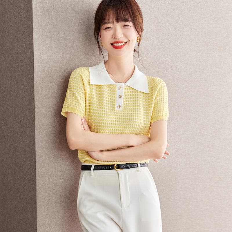 Plaid Short-sleeved Sweater Women's Front Shoulder Polo Shirt Korean Style Top XL yellow