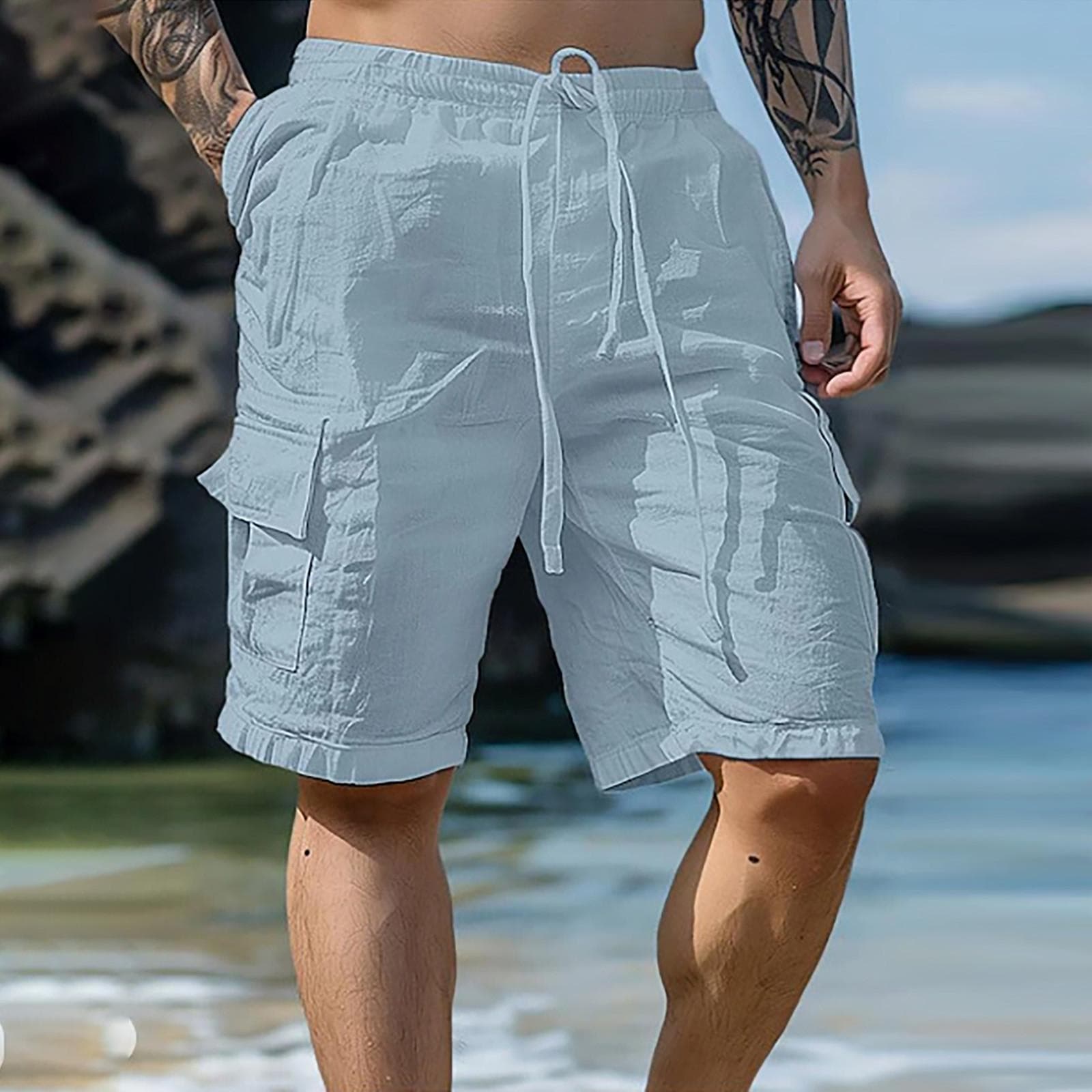 Men's Sports Cotton Linen Casual Loose Shorts Casual Pajamas Pocket Jogging Shorts Pants XXL light blue