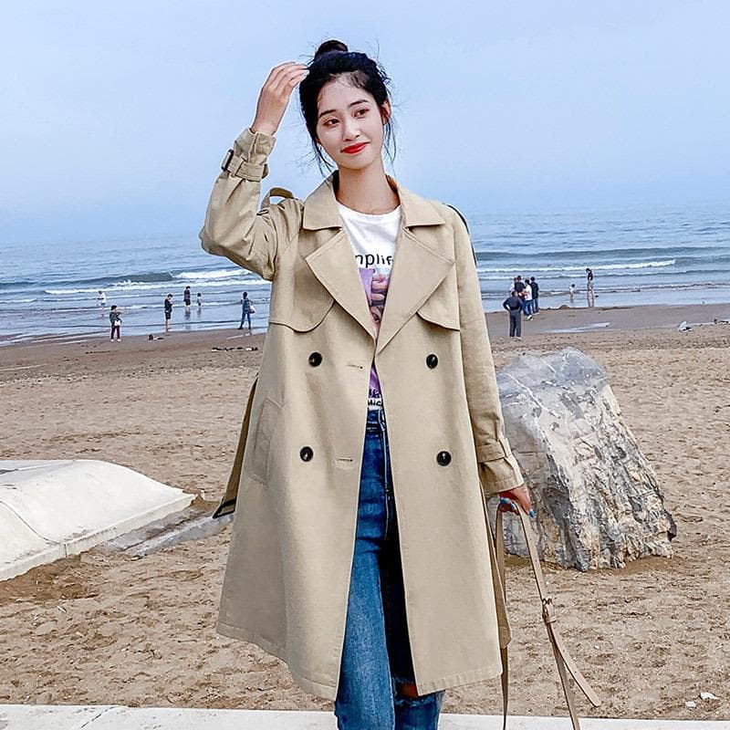 Solid Color Mid-length Petite Khaki Windbreaker Spring and Autumn New Korean Style Loose Casual Waist Coat 2XL