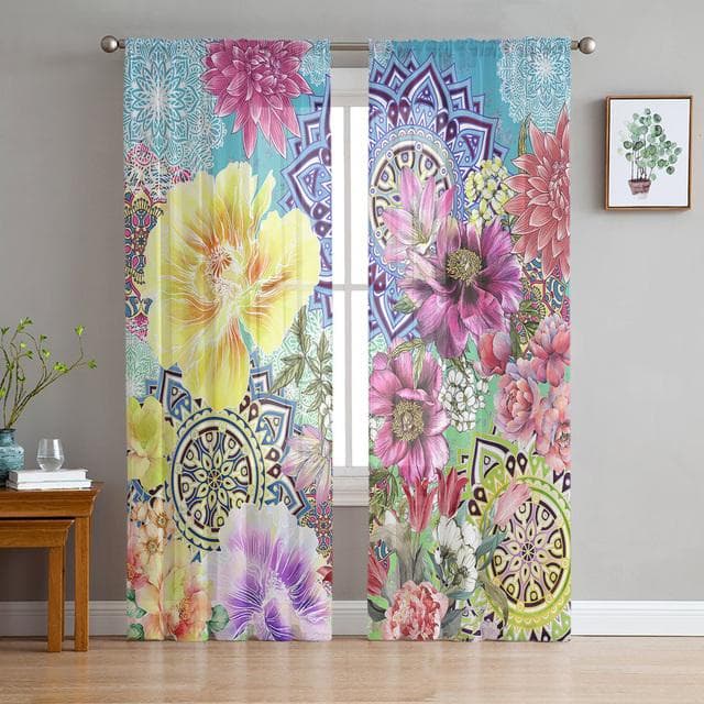 Boho Mandala Datura Buddhism Ethnic Sheer Voile Curtains For Kitchen Living Room Bedroom Decor Tulle Curtains Window Treatment 1 PCS W200XH250cm