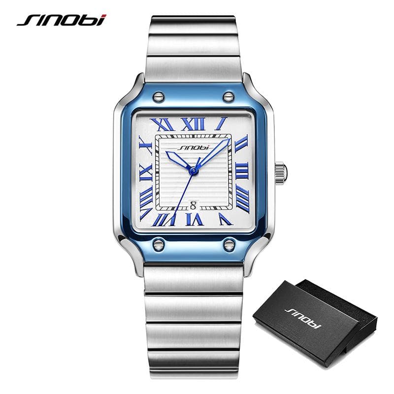 SINOBI Casual Design Men's Quartz Watches Fashion Stainless Steel Man's Wristwatches Business Square Clock blue