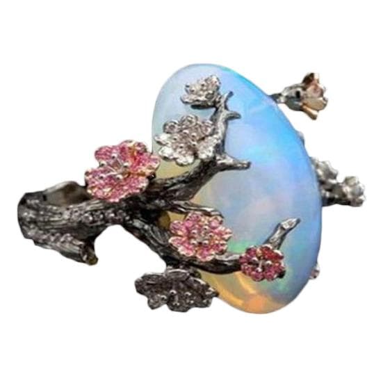 Vintage Women Faux Opal Plum Blossom Flower Two Tone Finger Ring Jewelry Gift US 6