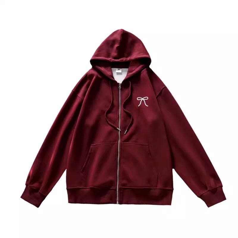 Burgundy Zipper Cardigan Hooded Sweatshirt for Women In Autumn and Winter New Loose Lazy Top Jacket M