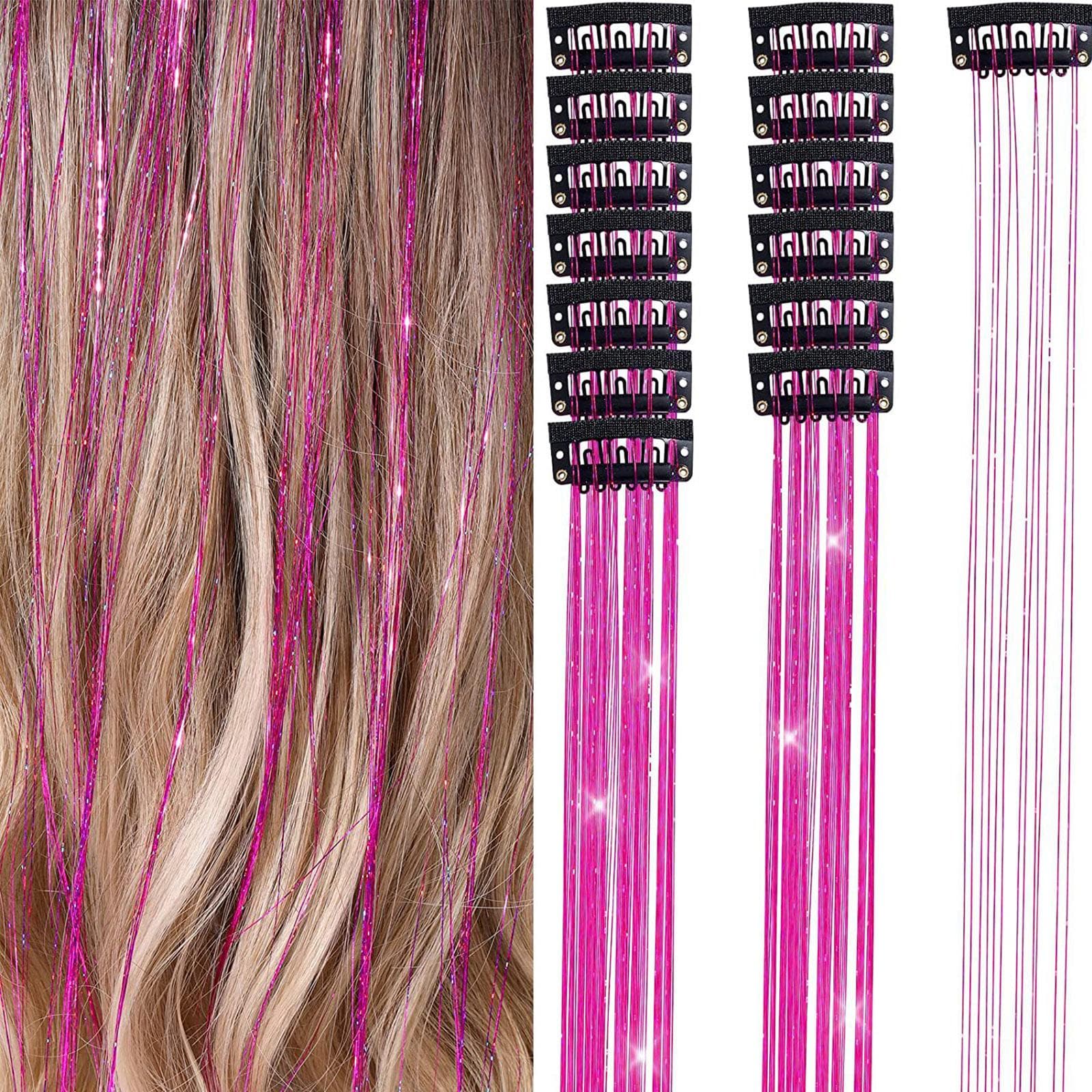 6PCS Clip in Hair Tinsel Set 19.6 Inch Fairy Wig Piece Sparkling Hair Accessories Glitter Hair rose red