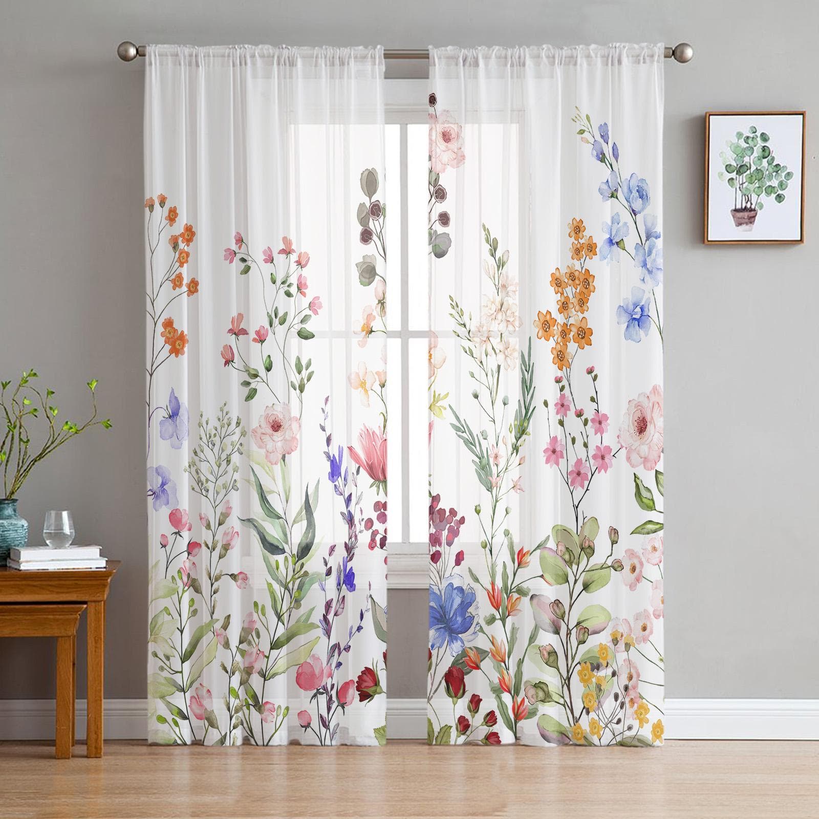 Blue Flowers White Tulle Sheer Curtains for Living Room Decoration Curtain for the Room Bedroom Kitchen Voile Organza Curtains 135W x 114H(cm)