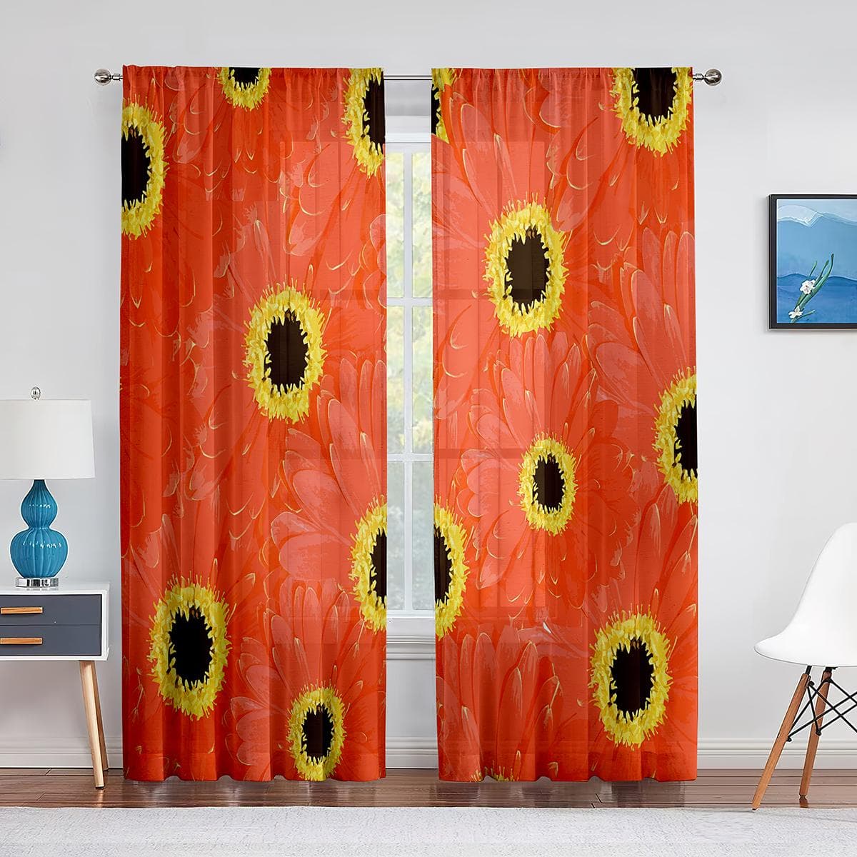 Daisy Flowers Spring Summer Floral Leaves Blue Tulle Modern Sheer Curtains for Kitchen Living Room Bedroom Curtains Decoration 1 PCS W100XH250cm&Grommet Top
