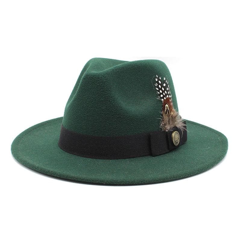 White Woolen Gentleman Classic British Jazz Feather Top Hat Wide Brim Party Church Wedding Fedora Hats Men Women Panama Felt Cap L 59-60cm dark green