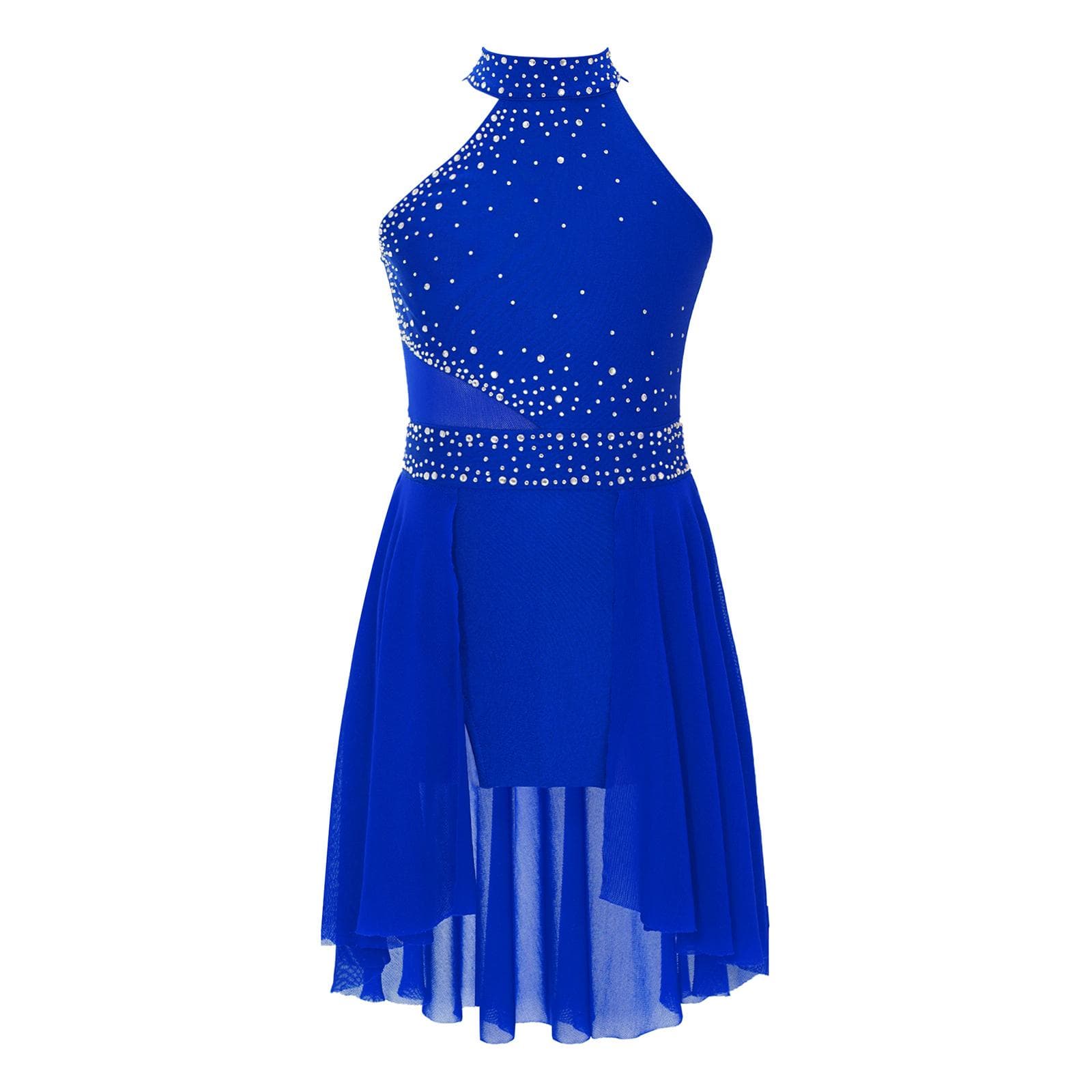 Girls Glittery Rhinestones Leotard Dress Irregular Hem Sleeveless Lyrical Dance Performance Costume 5-6 Years royal blue