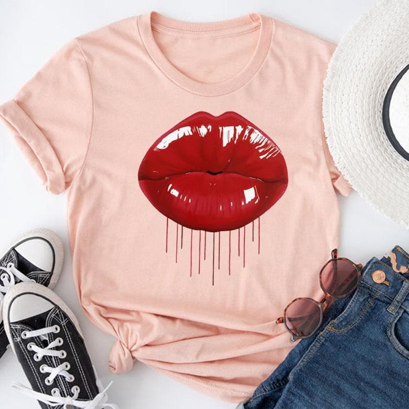 (Asian size) Short Sleeve Lip Love Sexy Trend Cute Lovely Women's Print Tee Top Summer Fashion Tshirt Woman Female Basic T Clothing Graphic T-shirts XXXXL