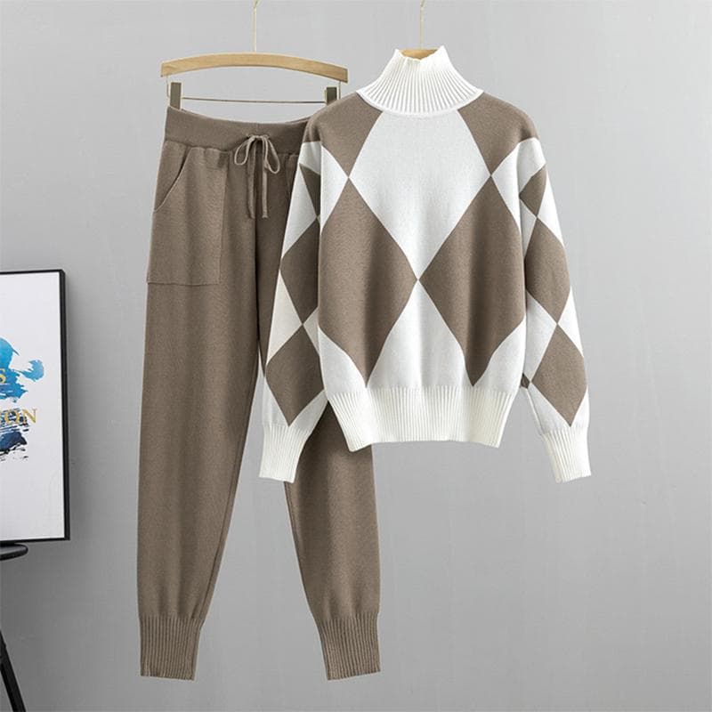 Fashion Suit Women's Casual Knitted Plaid Sweater Two-piece Set S khaki