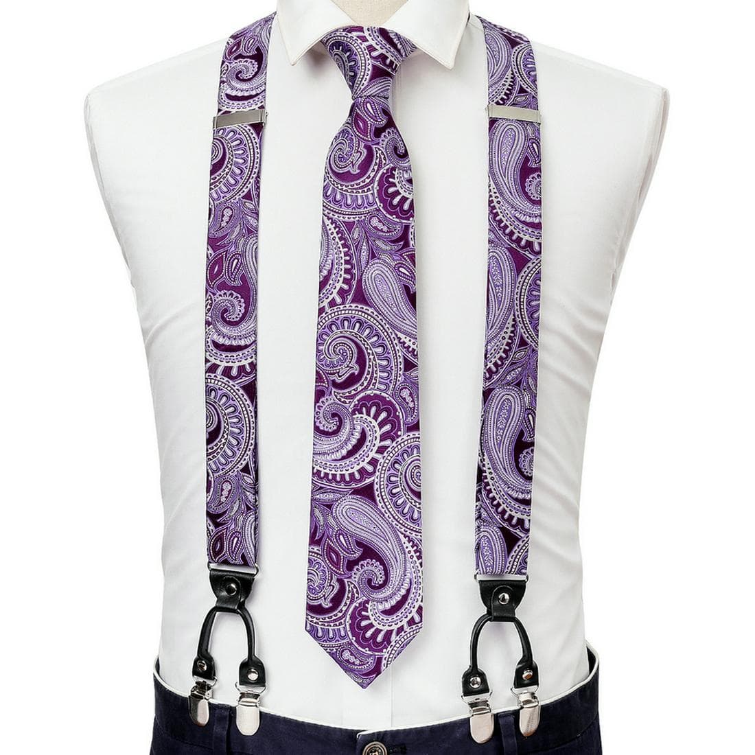 Fashion 6 Clip Men's Tie Suspenders 3.5cm Width Adjustable Elastic Strap Red Braces Suspender Silk Tie Set BJ-2010,N-1493