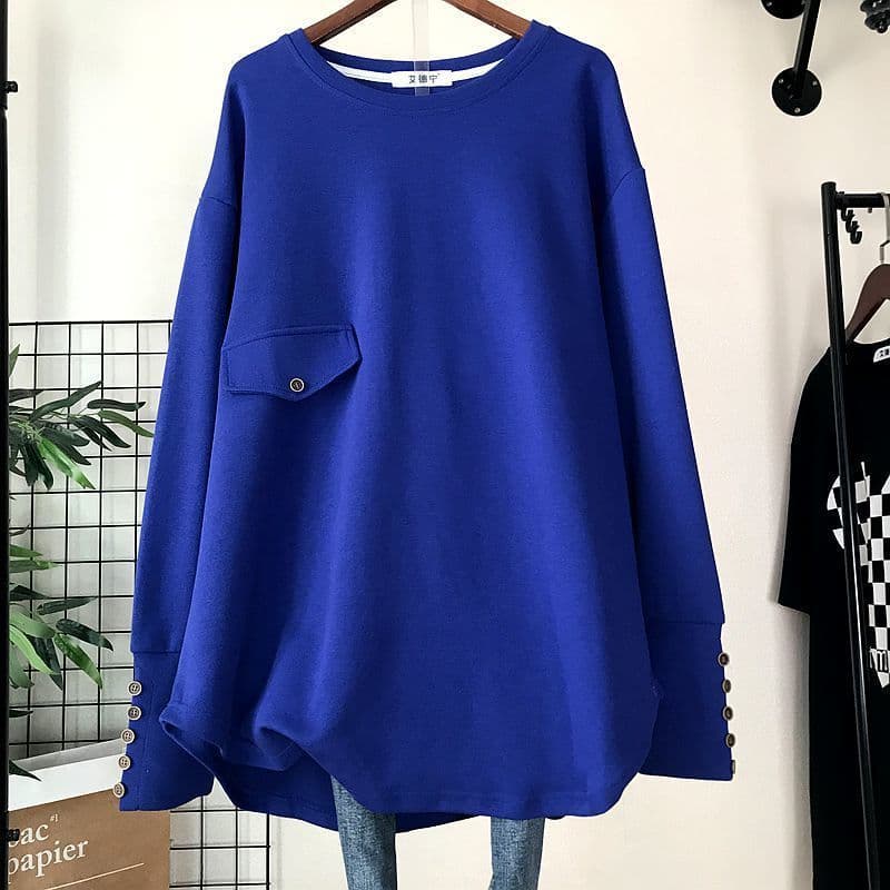 Irregular Mid-length Tops for Women Large Size Loose Long Sleeve T-shirt XL blue