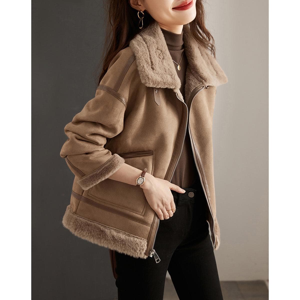 Winter New Temperament Fleece Jacket Women's Casual Loose Locomotive Style Versatile Top XL khaki