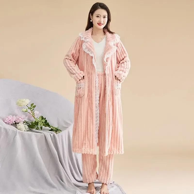 Coral Fleece Thickening for Warmth Can Worn Outside Loungewear Set Fine Fleece Autumn Winter Ms. Night Gown Bathrobe Long Sleeve 2XL