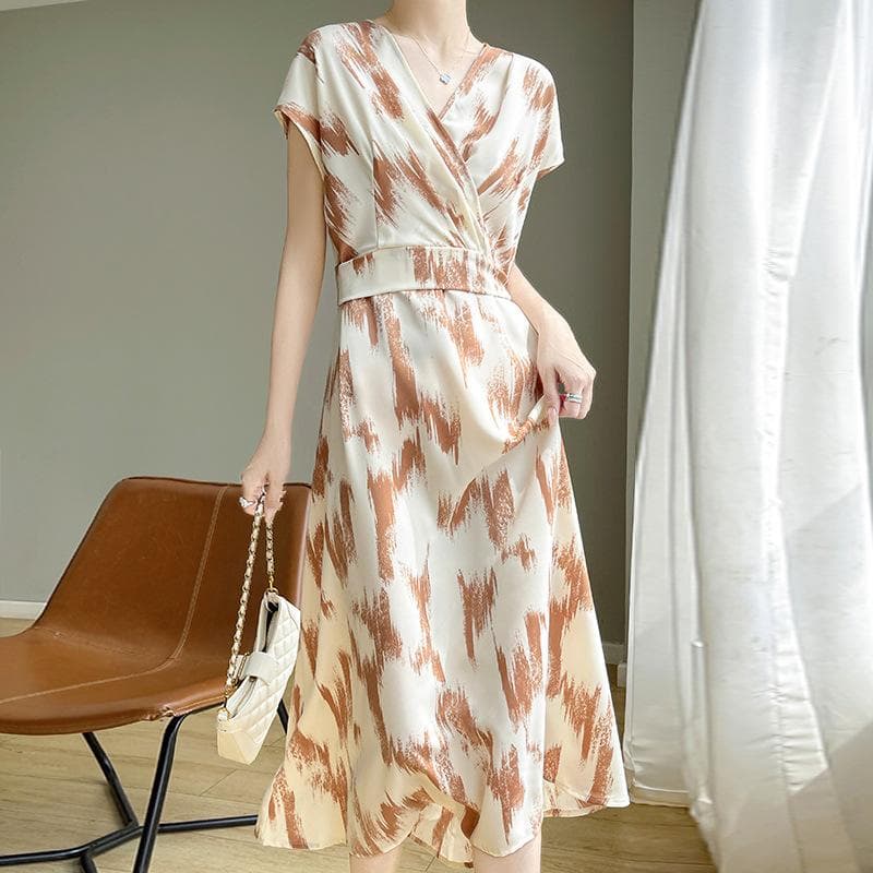 Silky Satin V-neck Dress for Women In Summer Fashion Versatile Tassel Print Midi Skirt Fashionable Fashionable Skirt XXXXL
