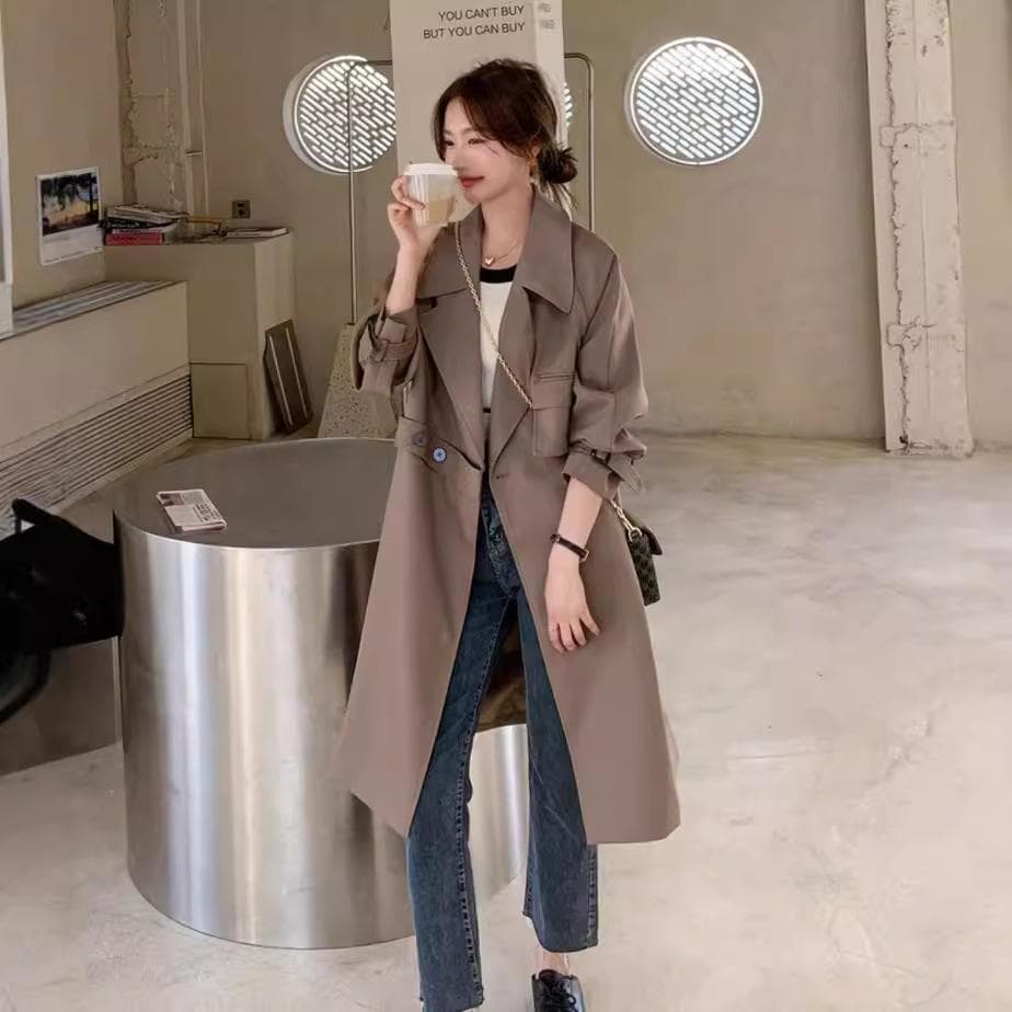 Versatile Khaki Windbreaker Women's Spring and Autumn New Casual Temperament British Jacket Top XL