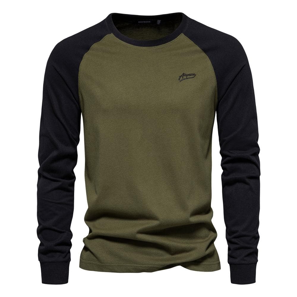 AIOPESON Men's T-shirts 100% Cotton Long Sleeve O-neck Pactwork Casual T shirts for Men New Spring Designer Tees Men Clothing M 70-80 kg army green