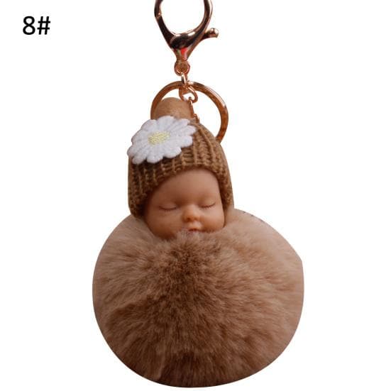 VANA Shop Cute Sleeping Baby Fluffy Pompom Plush Doll Hanging Pendant Key Ring Keychain one size khaki