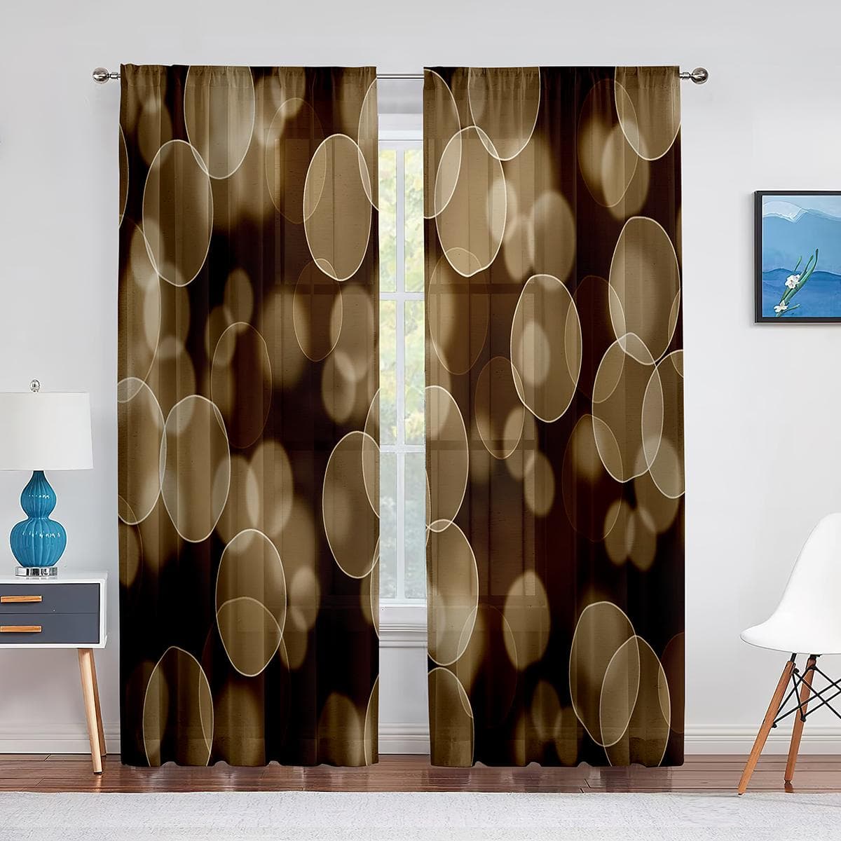 Brown Circles Dots Pattern Tulle Window Curtains for Living Room Bedroom Modern Kitchen Sheer Voile Curtains Drapes Decoration 1 PCS W100XH250cm&Grommet Top