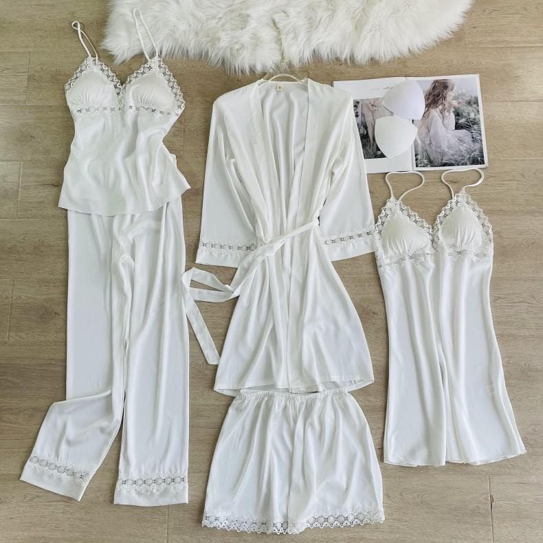 5 Piece Pajama Set Pajamas Spring and Autumn New Style Women's Pajamas Long Sleeve Home Wear Lace Satin Home Wear Underwear M