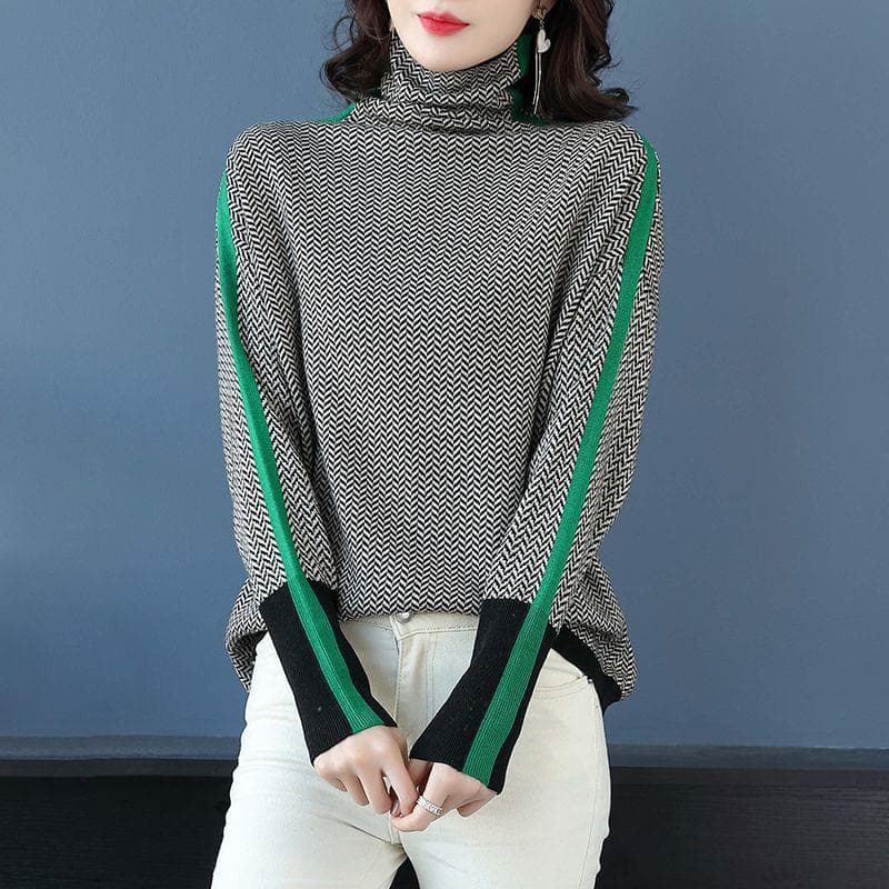 2022 Women's Turtleneck Sweater Warm Pullover Commuter Elegant Top Loose Casual Women's Top Retro Contrast Color one size green