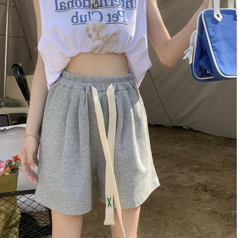 Solid Color Sports and Casual Shorts for Women In Summer Loose Slim Draped Wide-leg Pants Drawstring High Waist Straight Pants XXL grey