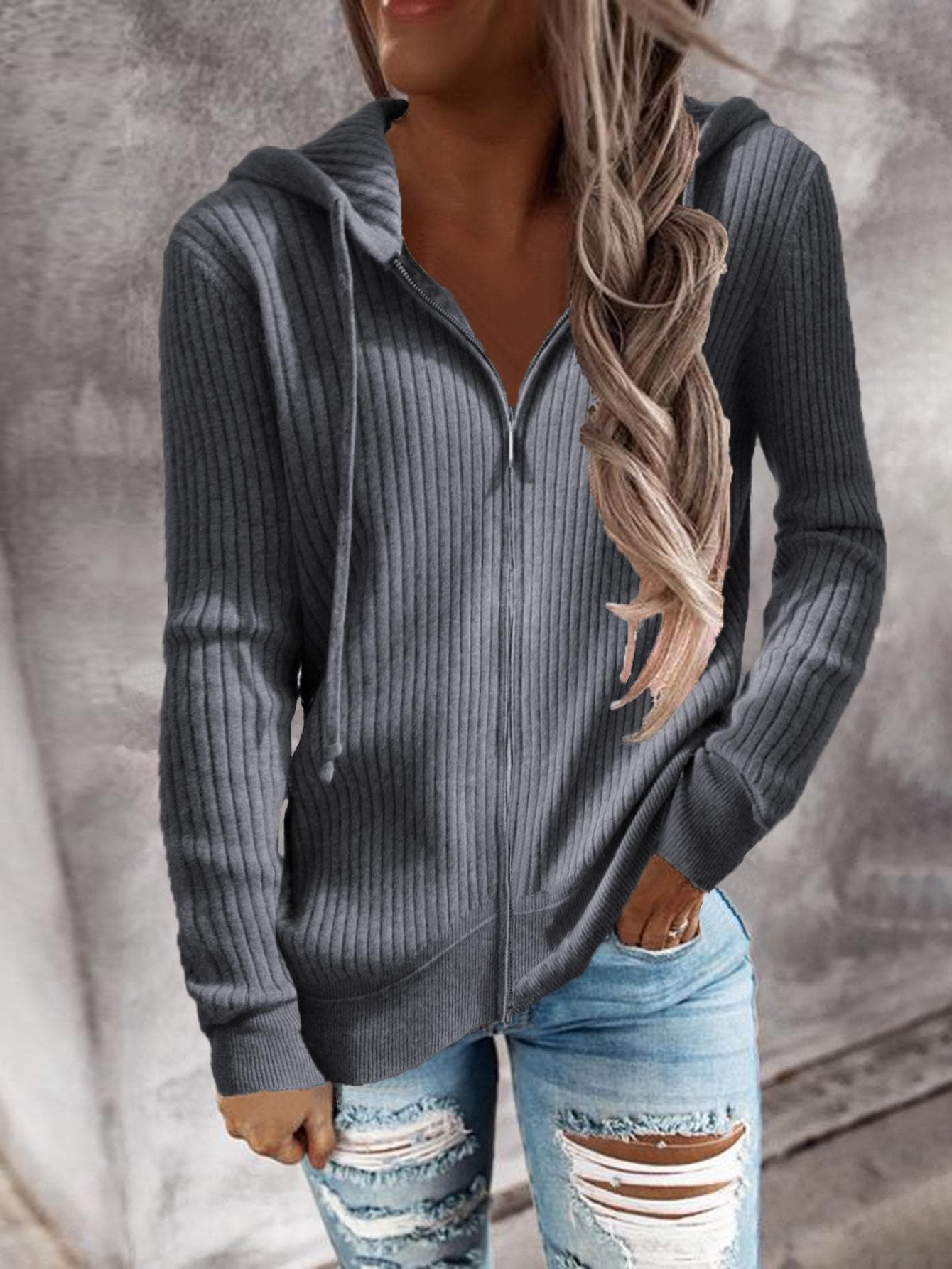 Women Autumn and Winter Casual Solid Color Hoodie Loose Knitted Zipper Cardigan Long Sleeve Hooded Sweater M gray/blue