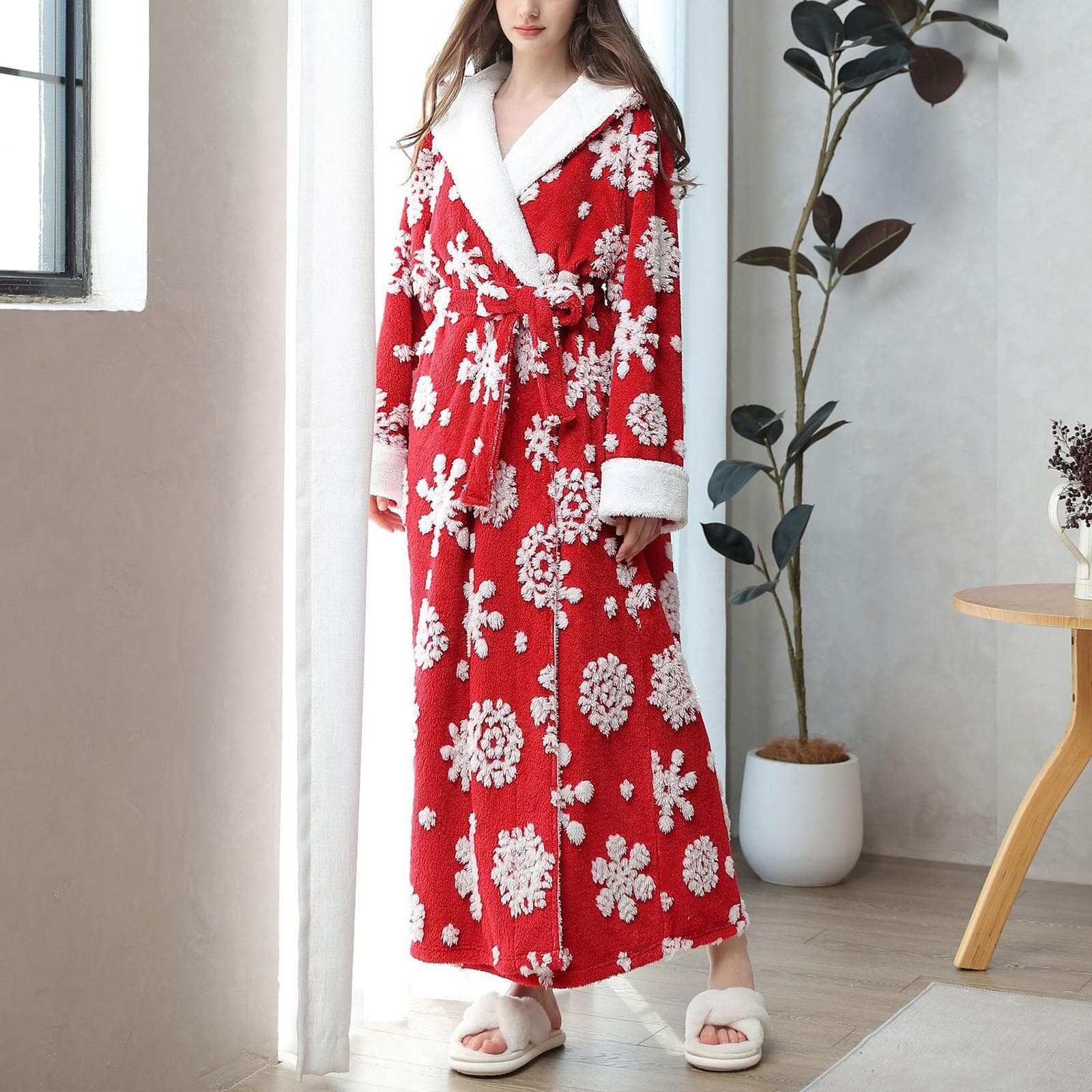 New Robe Luxury Christmas Bathrobe for Women Winter Large Size Cationic Jacquard Hooded Warm Robe for Women Home Wear L