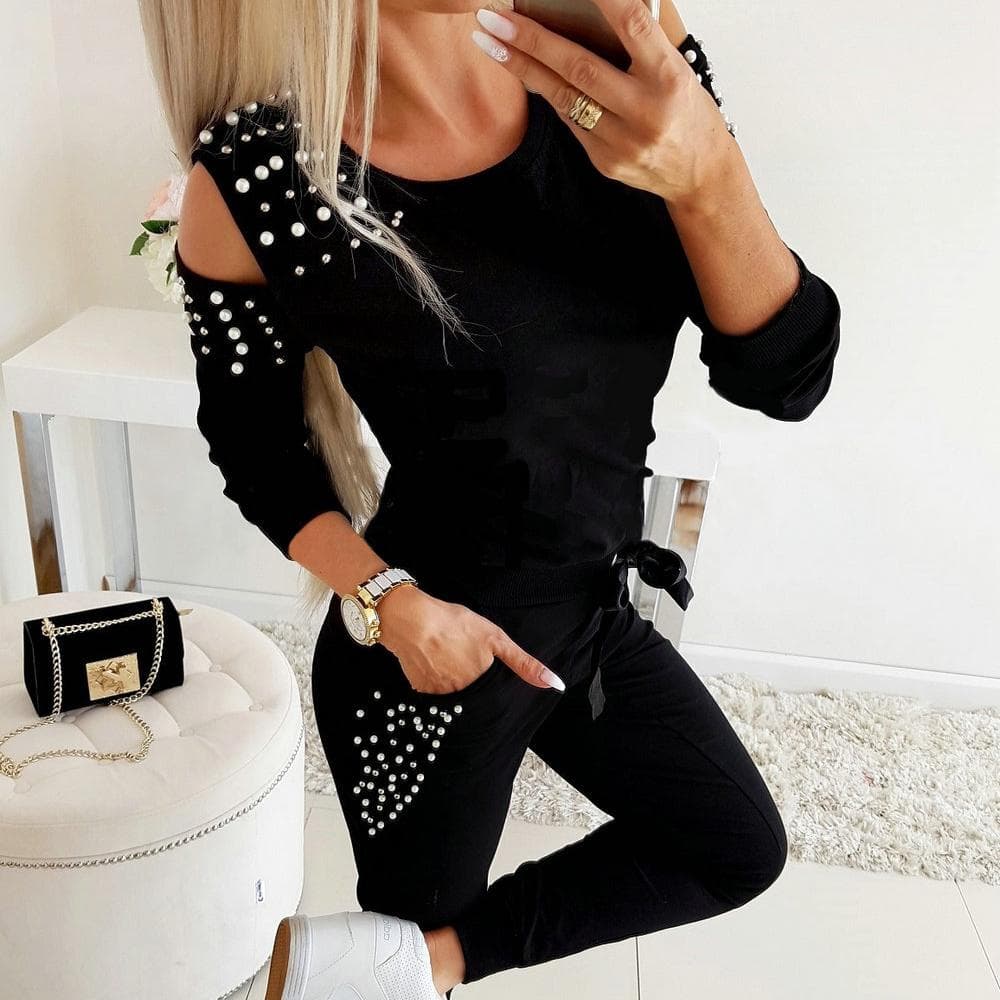 Women 2pcs Tracksuit Sports Suit Off-the-shoulder Beaded Solid Color Round Neck Top Pants Suits XL black