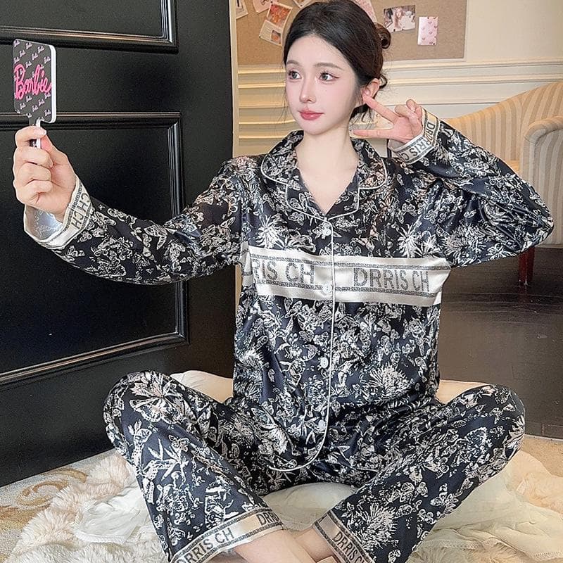High-End Green Floral Lapel Pajamas Set for Women XL (115-130 jin)